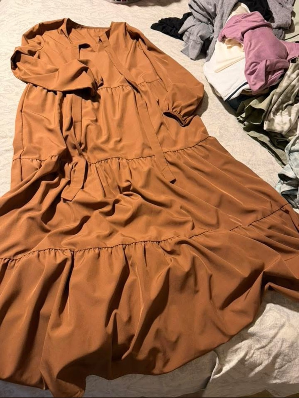 Tiered Long Sleeve Maxi Dress in Rust